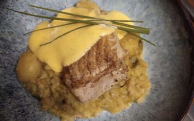 Stoemp de choux de Bruxelles, cabillaud, sauce mousseline